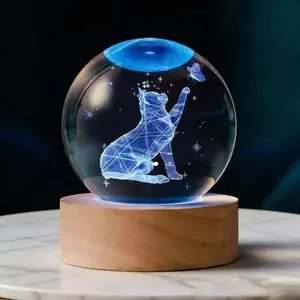 3D Cat Crystal Ball Night Light 2.36 in Table Lamp Decor with 16-Colors Change Remote Control and Wooden Base Gifts for Cat Lovers Women Girl Friends Birthday Christmas