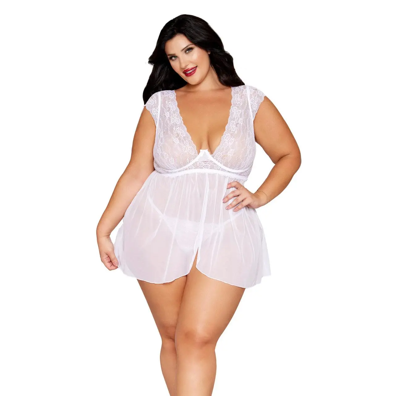 Plus Size White Lace and Mesh Cap Sleeve Babydoll
