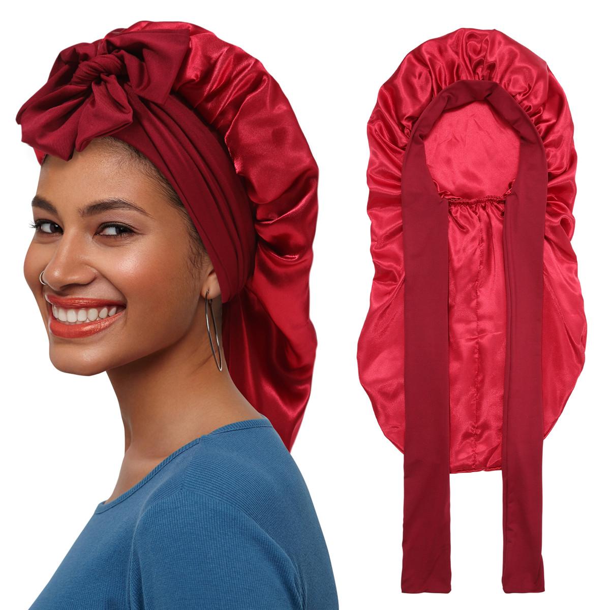 Single-Layer Summer Cool Style Solid Color Long Satin Bonnet Sleep Cap Adjustable Care Nightcap for Women Braids Curly Hair Natural Hair Wrap for Sleeping Cap with Tie Band Elastic Hair Care Bonnet
