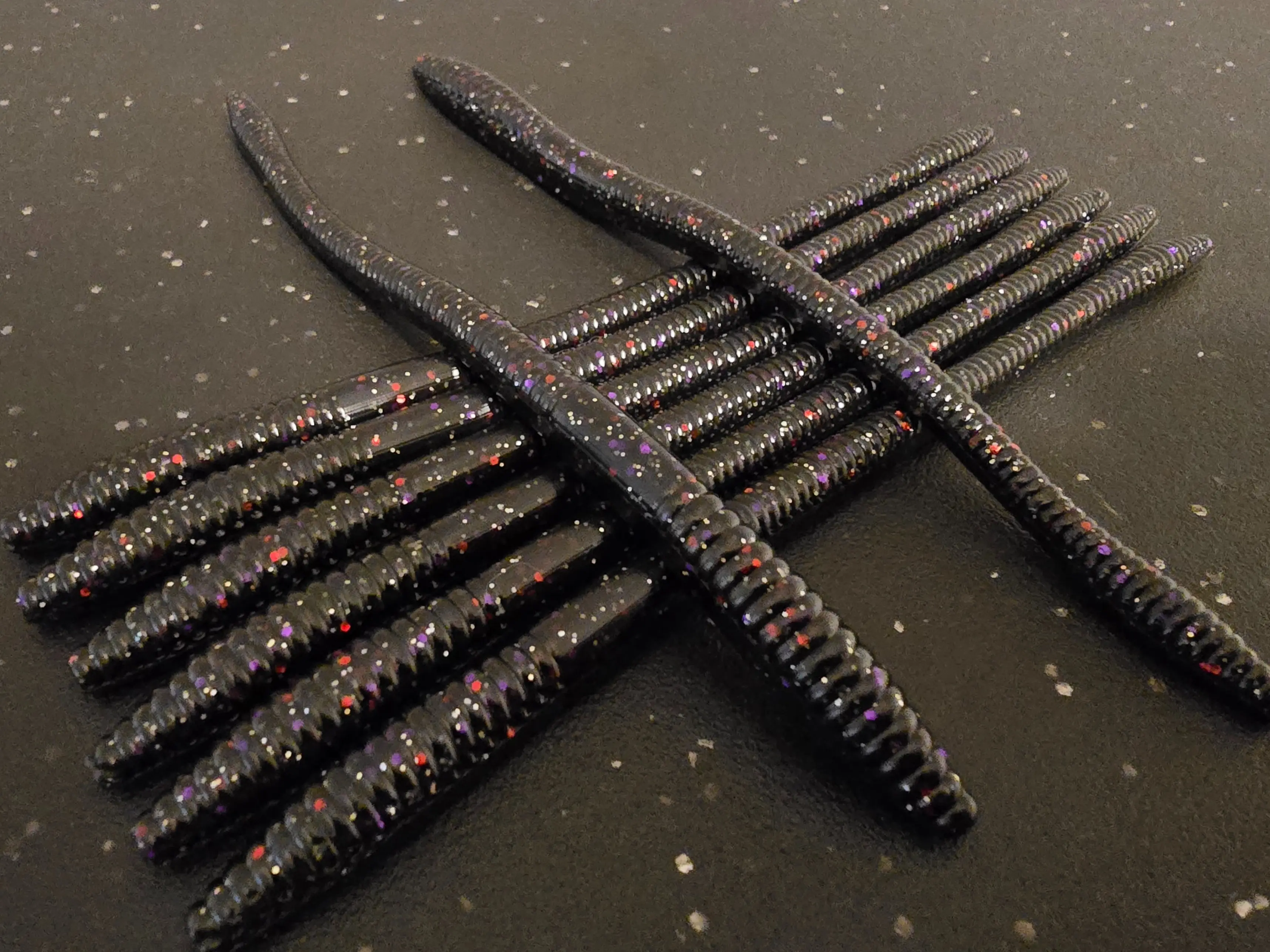 Sapper Baits 7" Infiltrator Worm- Full Battle Rattle- Black with Purple, Red, Gold, Silver Flake