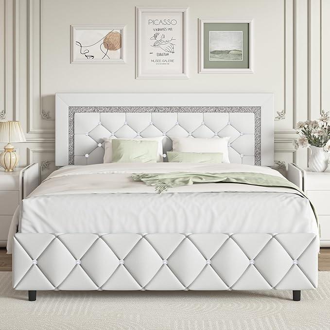 HOMBCK Diamond Bed Frame, No Mattress, Comfortable and Adjustable Headboard, Modern style, Princess Bed, No Box Spring Required