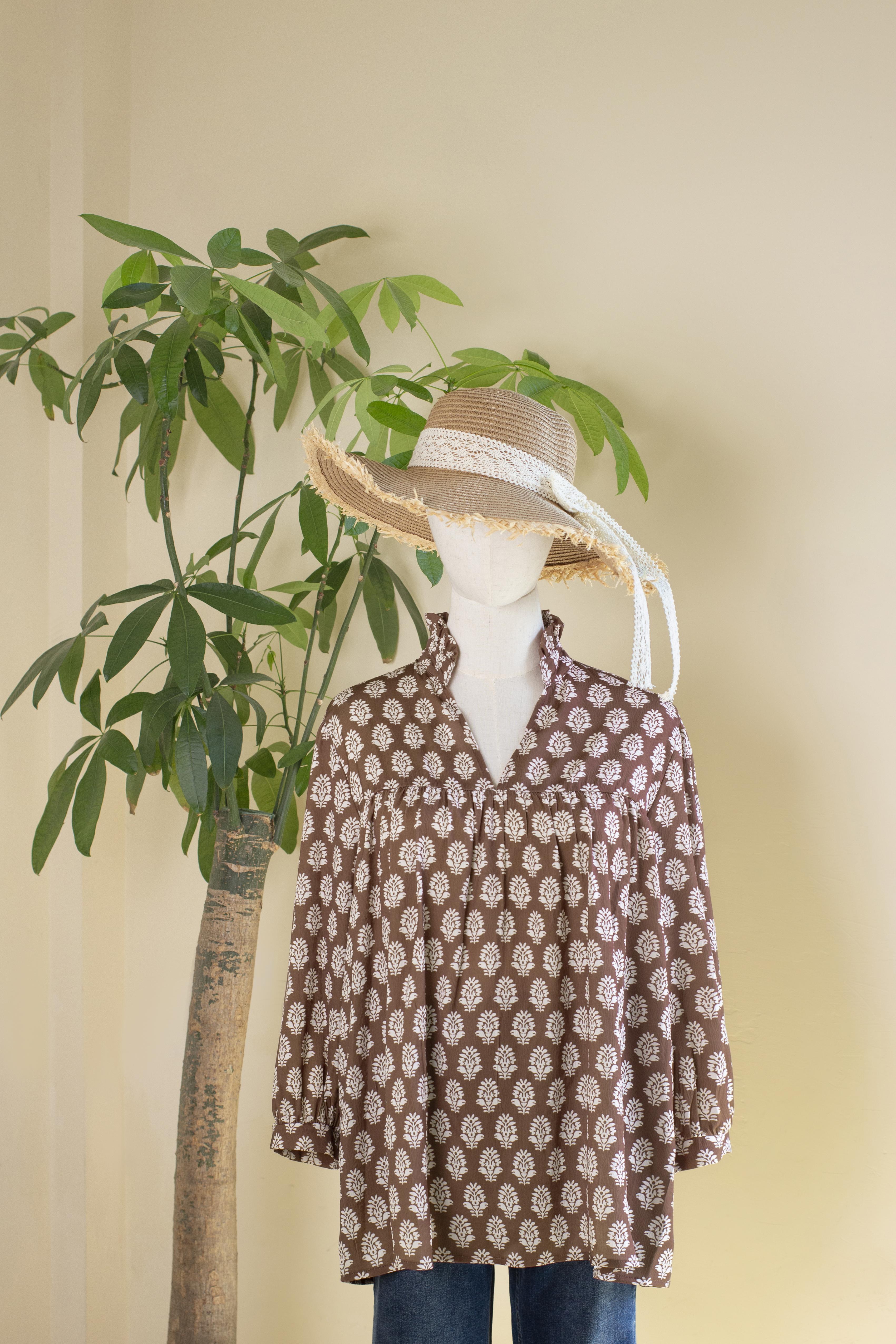 SageVell Charming Vintage Floral Printed V Neck Blouse Women's Cozy 3/4 Sleeve Top Brown Fabric Medium Cotton Viscose Fitted Shirts Boho Elegant Feminine Jeans Outfit SpringStatements