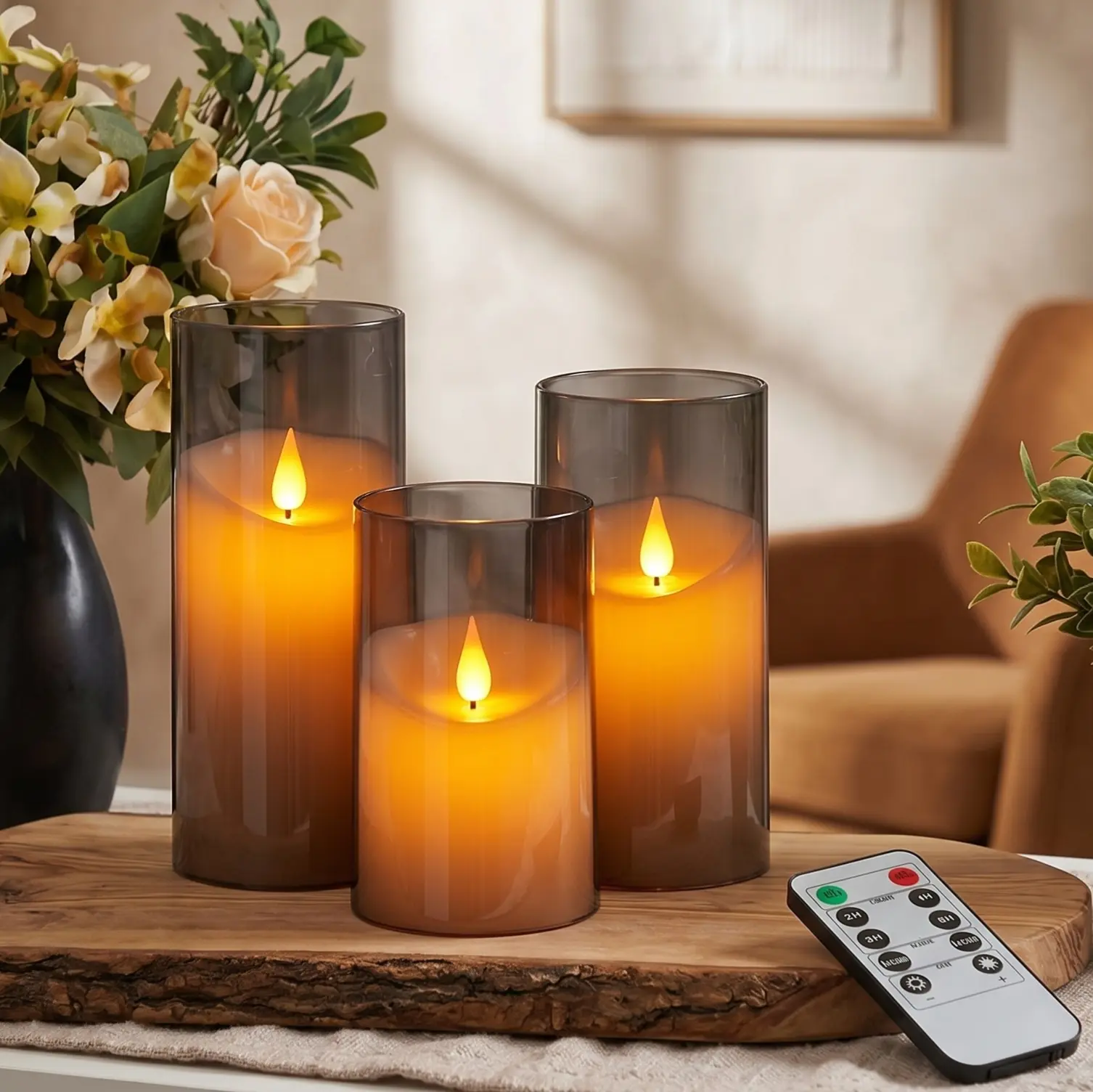 3PCS Gray Flameless LED Pillar Candles - Battery-Operated Acrylic, Remote Control Timer, Realistic Flickering, Unbreakable Shells, Auto Shut-Off, Durable Safe Kids-Safe, Room House Living Room Entryway Decor, Indoor Lighting, Halloween Festive Decor