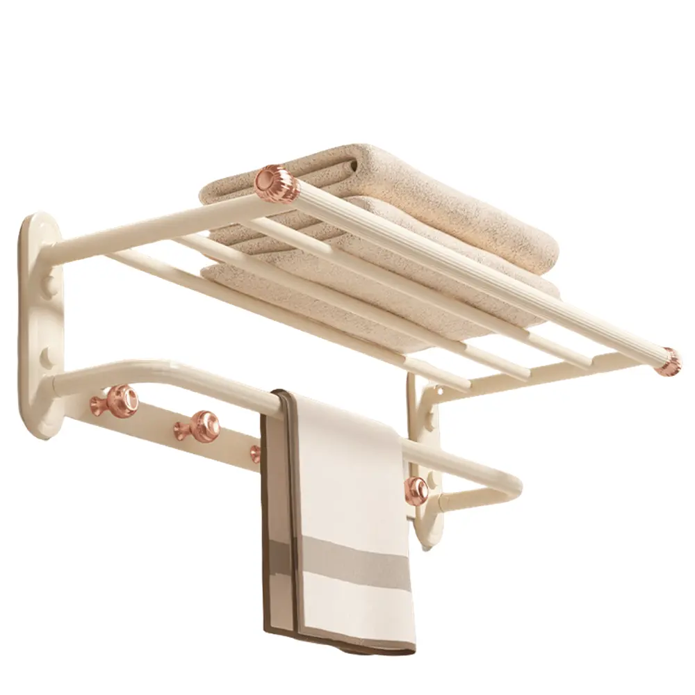 Luxury Double Bath Towel Rack, 24-Inch Rose Gold & Cream White Wall Mounted Towel Shelf, Space-Saving 90° Foldable Aluminum Towel Holder with 5 Hooks for Bathroom, Hotel, and Bedroom, Rustproof Design