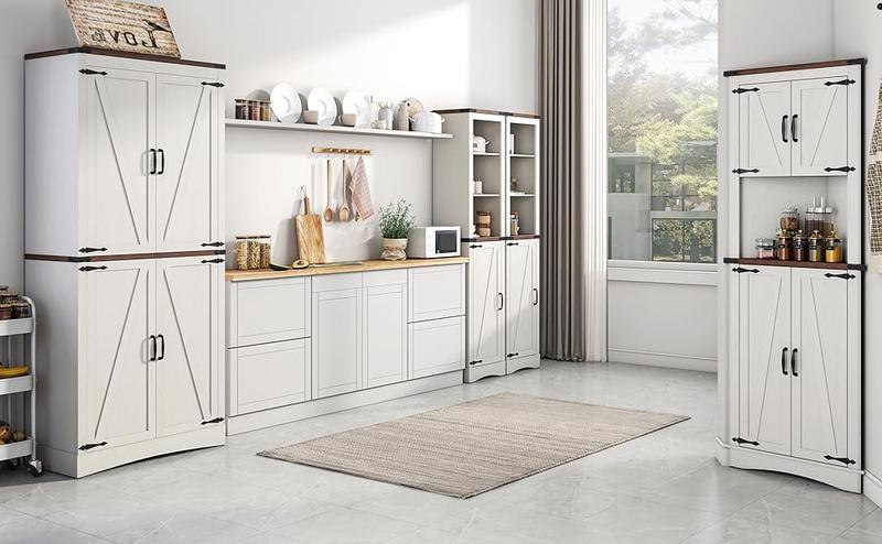 Farmhouse Corner Cabinet - 5-Tier Tall Storage Cabinet with 4 Barn Doors, Adjustable Shelves, Bathroom & Kitchen Storage for Living Room