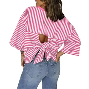 EncoLax Womens Summer Tops Loose Fit Crewneck Short Sleeve Casual Striped T Shirts Bowknot Cutout Back Tie Wide Boxy Tee