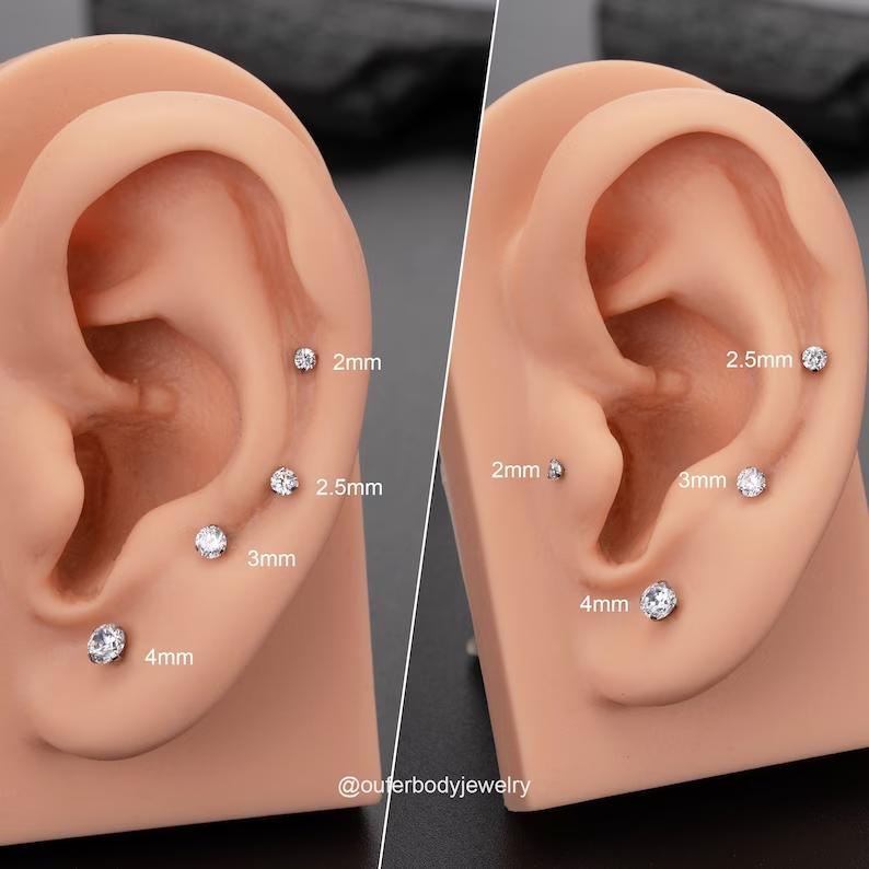 Oufer 20G/18G Titanium AAA+ Grade Prong CZ Threadless Push Pin Flat Back Nostril Nose Ear Helix Lobe Piercing Ring Bar Length 6mm 8mm - Nosering