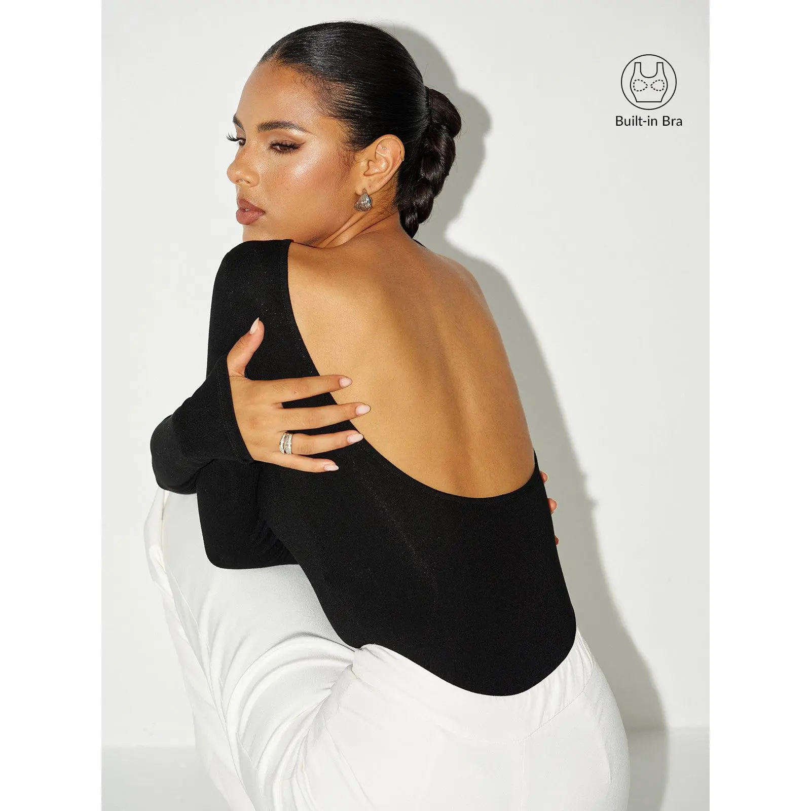 Lady's Minimalist Bra-Free Long-Sleeve Backless Bodysuit, Basic Women's Tops, Longsleeves, Bodysuit For Women, Bra-Free Fit, Easy Layering