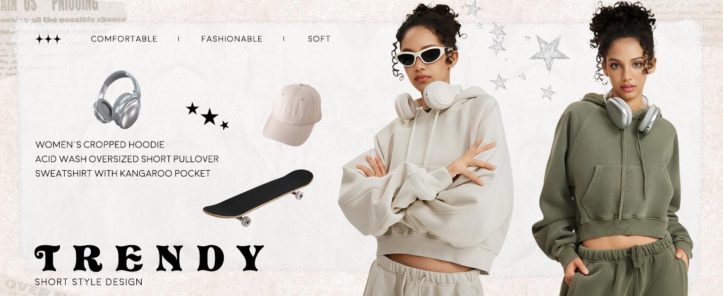 Arssm Women’s Cropped Hoodie – Acid Wash Fleece Lined Oversized Pullover Sweatshirt for Cozy Streetwear & Casual Fall Outfits