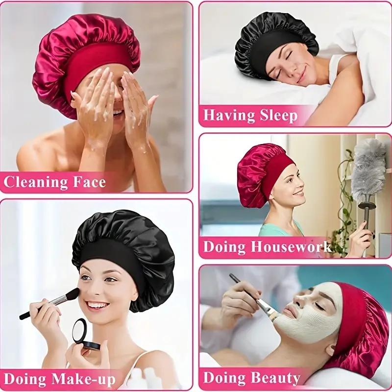 Luxury Satin Shower Cap Waterproof Double Layer Bonnet with Adjustable Elastic for Frizz Control Night Sleep & Hair Protection in Red Pink Black & Navy
