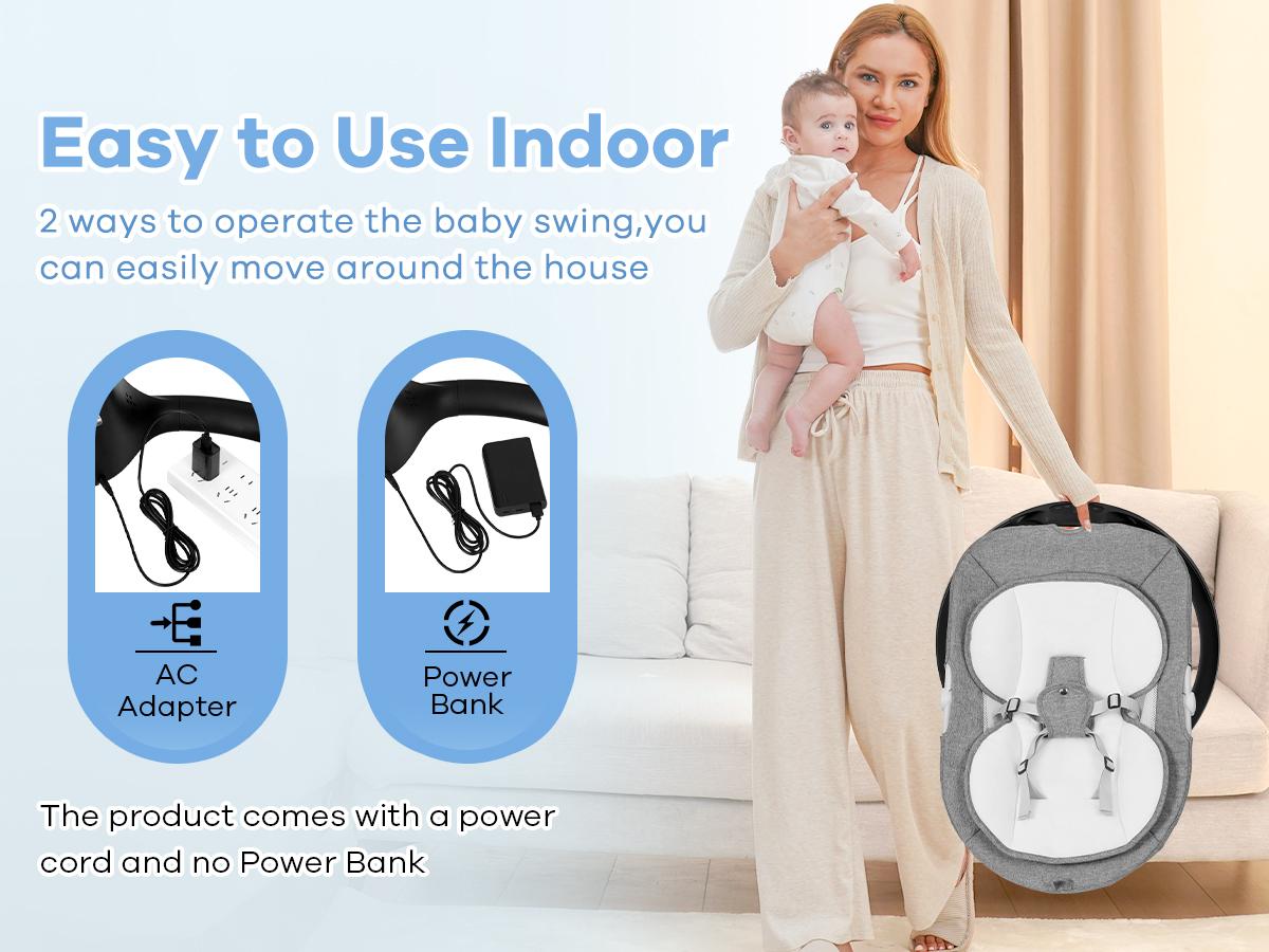 Baby electric rocking chair, electric baby swing, 5 speeds, 10 melodies, Adapter and screw battery ,  Suitable for indoor use,New generation grey remote control, comfortable and relaxing atmosphere，Portable Swing for Baby Boy Girl