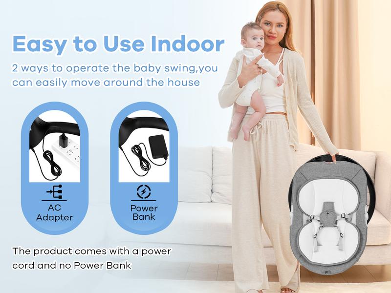 Baby electric rocking chair, electric baby swing, 5 speeds, 10 melodies, Adapter and screw battery ,  Suitable for indoor use,New generation grey remote control, comfortable and relaxing atmosphere，Portable Swing for Baby Boy Girl