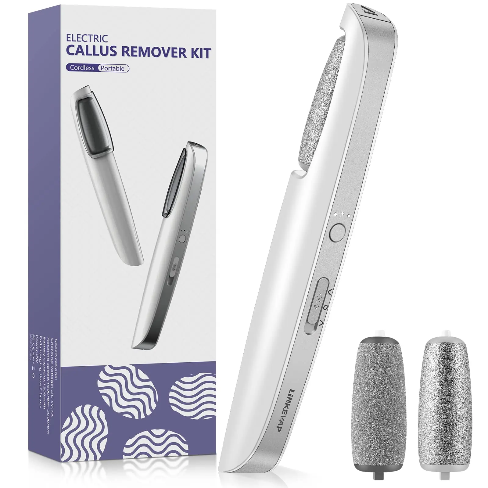 LINKEVAP Battery Powered Rechargeable Cordless Electric Foot File - Nail Care Callus Removal Pedicure Tool, Travel Size, Effortlessly Removes Dead Skin Cells, Portable for Home/Salon Use, Valentine's Day Ideal Gift | backtoschool