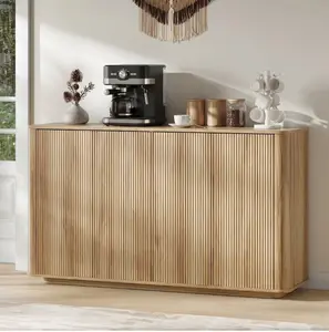 55"W Buffet Cabinet with Storage, Modern Coffee Bar Cabinet with 3-Sided Wave Fluted Design, Adjustable Shelves, Anti-Tip, Easy Clean Top for Kitchen, Dining Room, Living Room, Oak