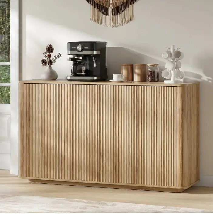 55"W Buffet Cabinet with Storage, Modern Coffee Bar Cabinet with 3-Sided Wave Fluted Design, Adjustable Shelves, Anti-Tip, Easy Clean Top for Kitchen, Dining Room, Living Room, Oak