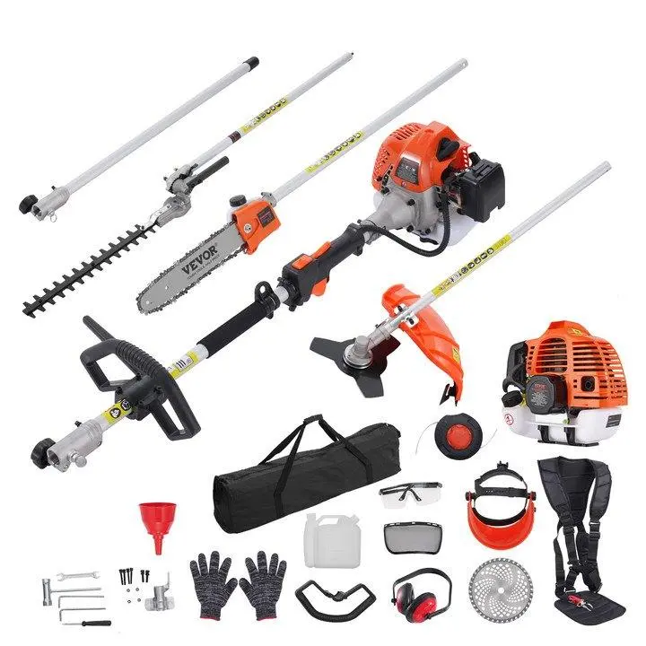 【Summerfinds】VEVOR 52CC 6-in-1 Garden Tool Kit - Gas Grass Trimmer, Hedge Trimmer, Weed Eater, Brush Cutter, Edger, Pole Saw Chainsaw Pruner Whacker with Handle & Shoulder Strap for Outdoor Gadgets, Full Kit, Gas Powered