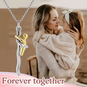 Mom Kid Necklace for Women Hug Silver Plated Mother Embrace Family Necklaces Hug Pendant Trendy Mother's Day Valentines Day Birthday Jewelry Accessories Gifts