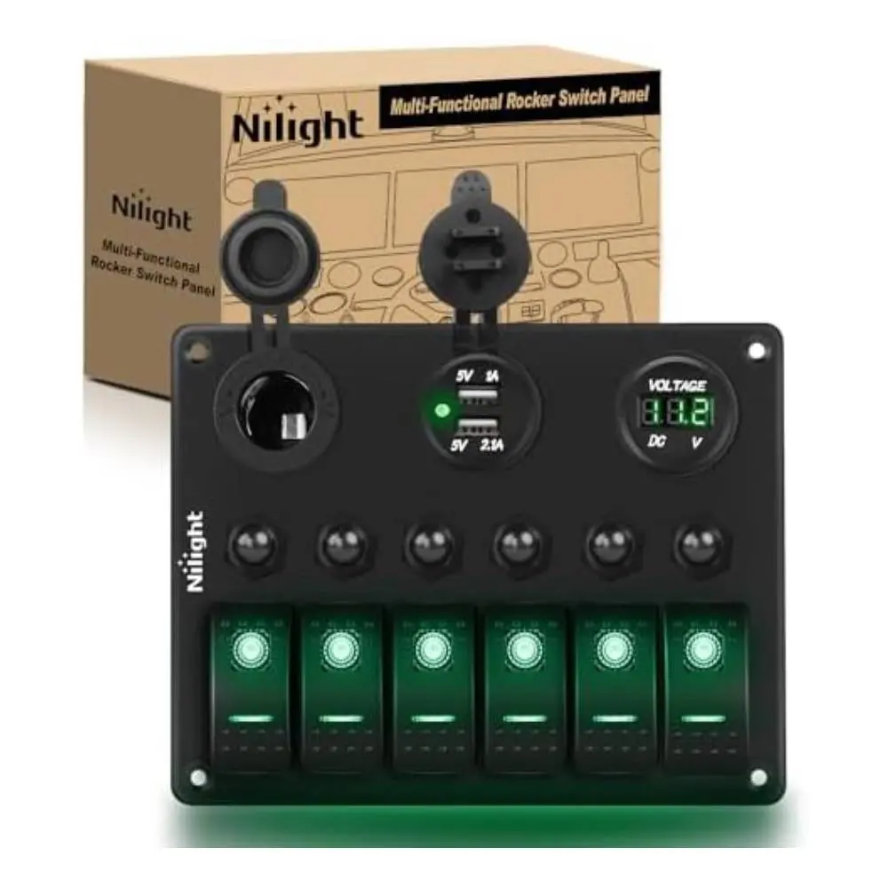 Nilight 6-Gang Toggle Rocker Switch Panel Pre-Wired Kit - 12-24V DC Input, LED Digital Voltage Meter, Dual USB Ports, Overload/Overheat Cutoff, ABS Night Glow, Marine-Ready Seals, Outdoor Safe for Cars, Trucks, Trailers