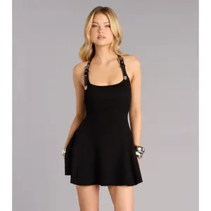 Western Attitude Buckle Strap Halter Skater Dress Western Attitude Buckle Strap Halter Skater Dress