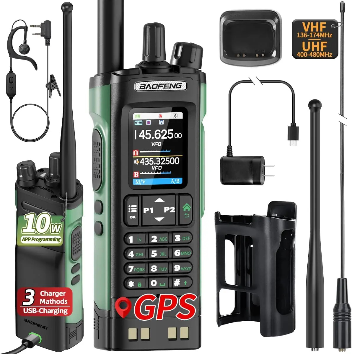 Baofeng UV-32 Digital Walkie Talkie, 10W Multi-Band RF Rechargeable Ham Radio with High Gain 771 Antenna, APP Programming, NOAA Alarm, USB Charging Port, Extended Range, Desktop Charger, Type-C Cable for Camping, Survival