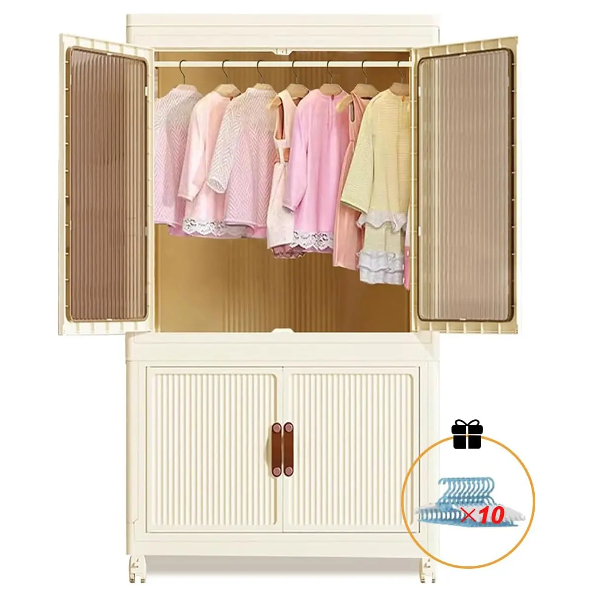 Modern 25.6in Foldable Wardrobe Cabinet - Sturdy PP+PS Plastic Closet Armoire, Waterproof Wheeled Storage Organizer with Translucent Front Door, Regular Door, Side Buckles, Stackable Storage Bins, Assembly Required for Home Bedroom, Space-Saving