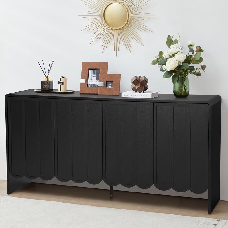 Giratree Sideboard Buffet Cabinet, Accent Storage Cabinet with 4 Doors, Farmhouse Wood Cabinet with Adjustable Shelves and Wave Panel for Living Room, Dining Room, Entry