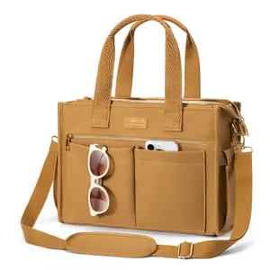 Bagstellar Canvas Tote Bag for Women, Large Work Travel Tote Bags With 9 Pocket & Zipper College Bible Laptop Bag Crossbody Handbag