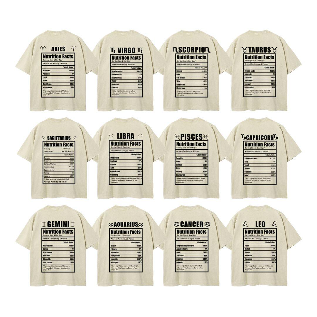 S - 5XL Unisex Vintage Washed Tee Zodiac Nutrition Facts T-shirt Astrology Crewneck Top Horoscope Graphic Tee Star Sign Lucky Charm Birthday Gift Printed Zodiac Sign Clothes Retro Casual Style 100% Cotton Fabric
