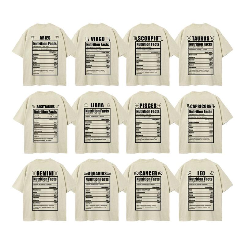 S - 5XL Unisex Vintage Washed Tee Zodiac Nutrition Facts T-shirt Astrology Crewneck Top Horoscope Graphic Tee Star Sign Lucky Charm Birthday Gift Printed Zodiac Sign Clothes Retro Casual Style 100% Cotton Fabric
