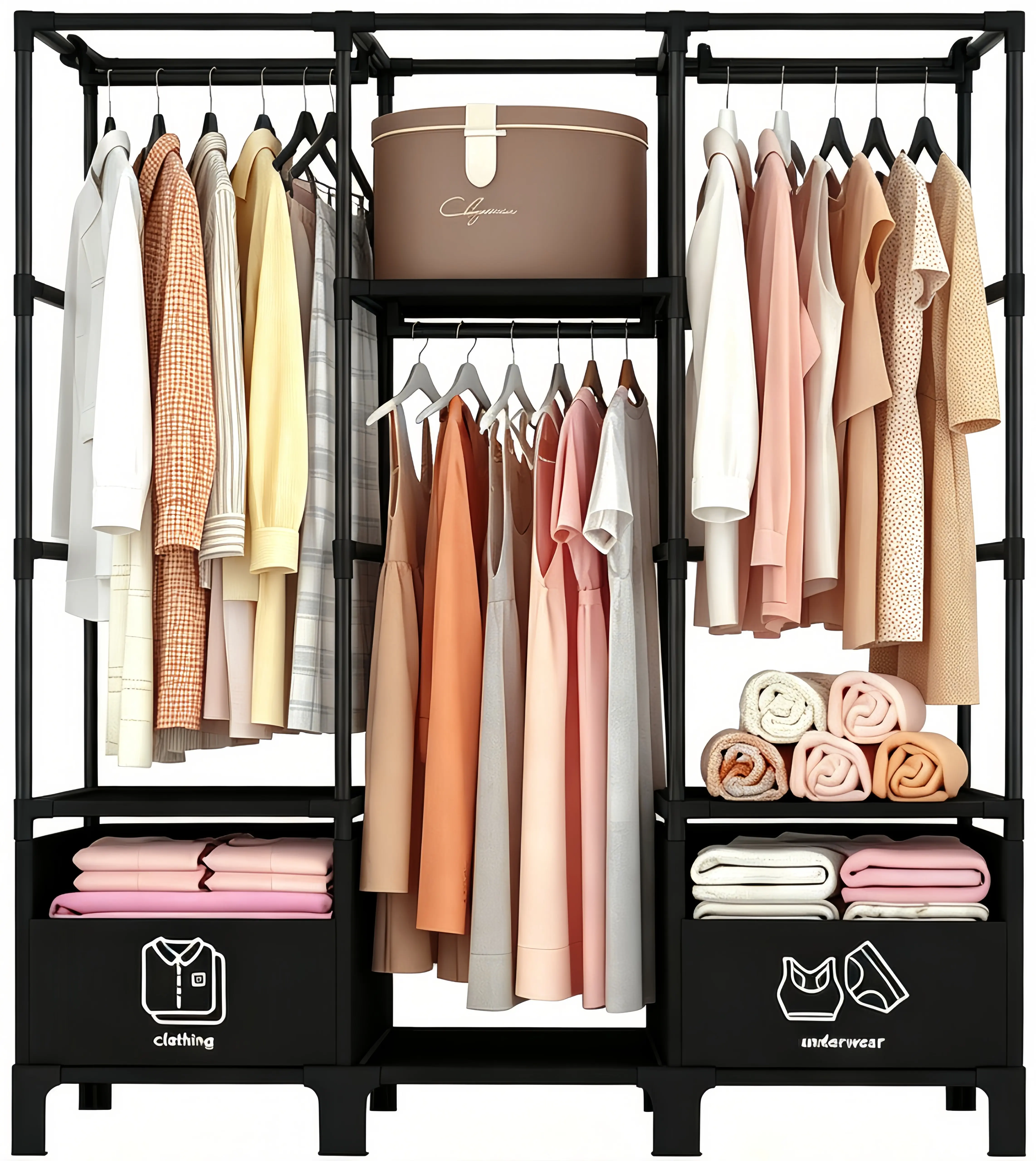 Large Capacity Wardrobe Closet, Portable Storage Closet, Rack with 3 Hanging Rods, 2 Storage Bins, and 3 Shelves, Easy Assembly Organizer for Bedrooms Dorms Rental Rooms and Guest