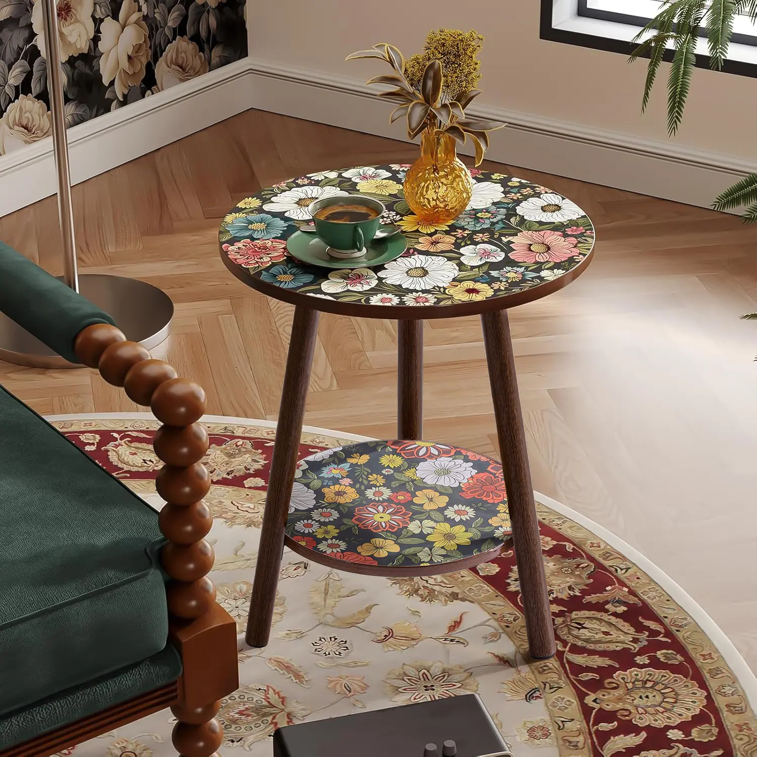 Double-Layer Mandala Floor Display Shelf, Vintage Round Storage Stand with Hidden Storage, Decorative Plant Stand & Side Table for Living Room, Bedroom, Balcony & Small Spaces