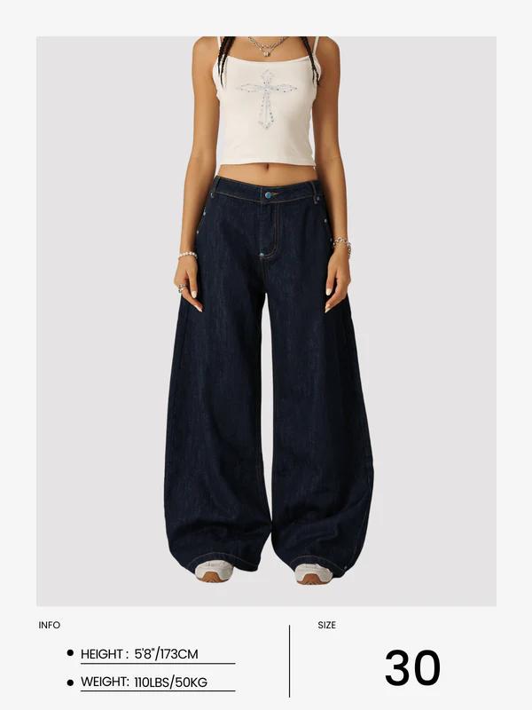 Aelfric Eden Vintage Rivet Raw Baggy Barrel Jeans Mid-low Rise Baggy Jeans Unisex Stretchy Wide Leg Distressed Pants Lady Basic Minimalist Comfortable Denim Tummy Control Curve Hugging Plus Size Regular Size BBL
