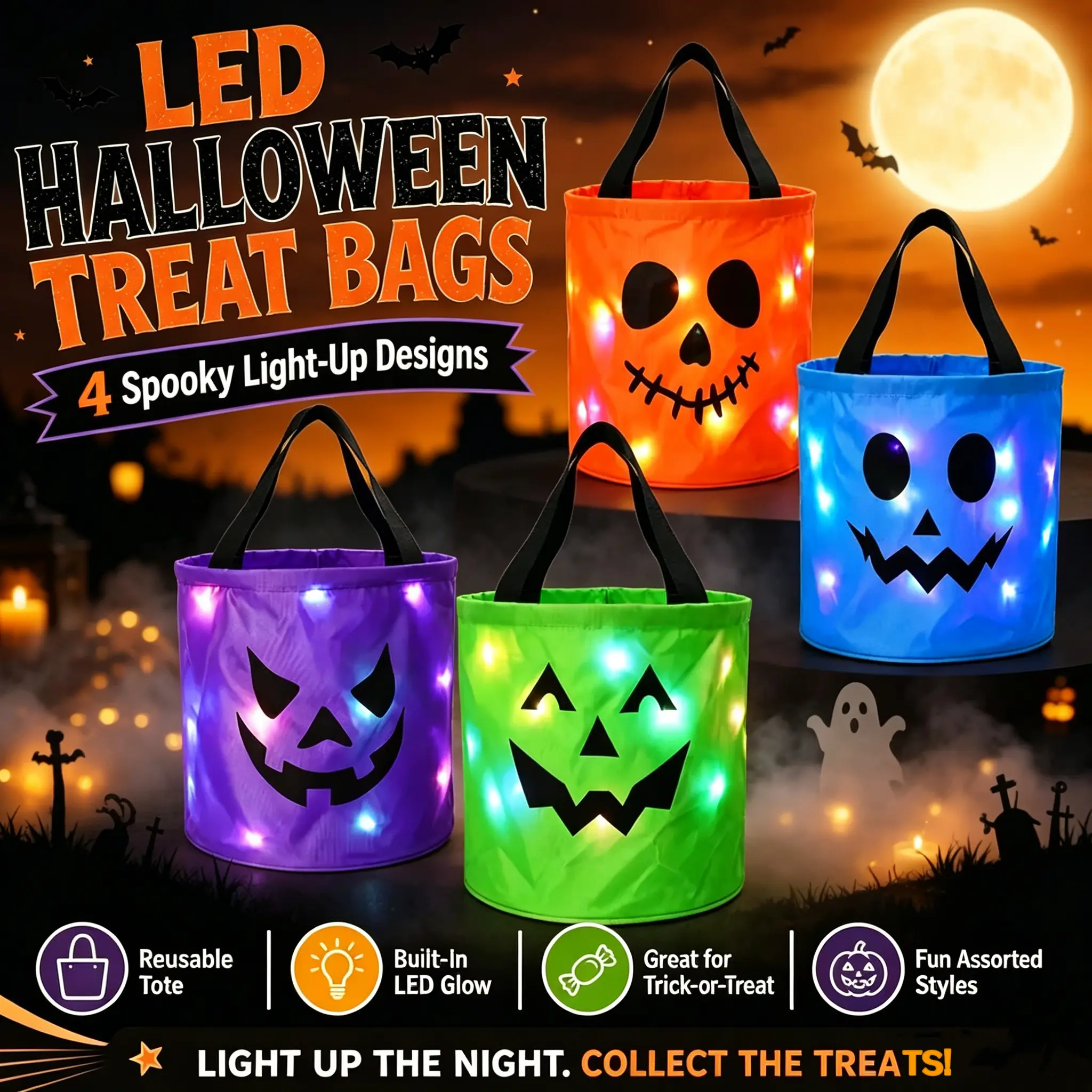 3/4 Pcs Halloween Candy Bucket with LED Lights, 11.81x9.84 Inch Trick or Treat Bags Non Woven Gift Bags Pumpkin Candy Bags Reusable  Bags for Kids Students Adults, Light‑Up Treat Carrier for Lawn Garden Decor, Holiday Themed Party Favor &  Bag Supplies