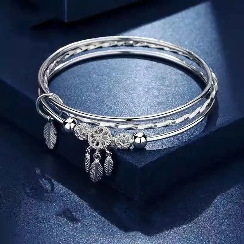 Women's Silver-Plated Bohemian Dream Catcher Bangle Bracelet - Female, Ethnic Feathers, Beads, Rhinestone Accents, Adjustable Tassel, Hypoallergenic, Skin-Kind, Lightweight for All-Day Wear, Evening Casual Alloy Costume Jewelry, Gift-Ready Charm for Mom