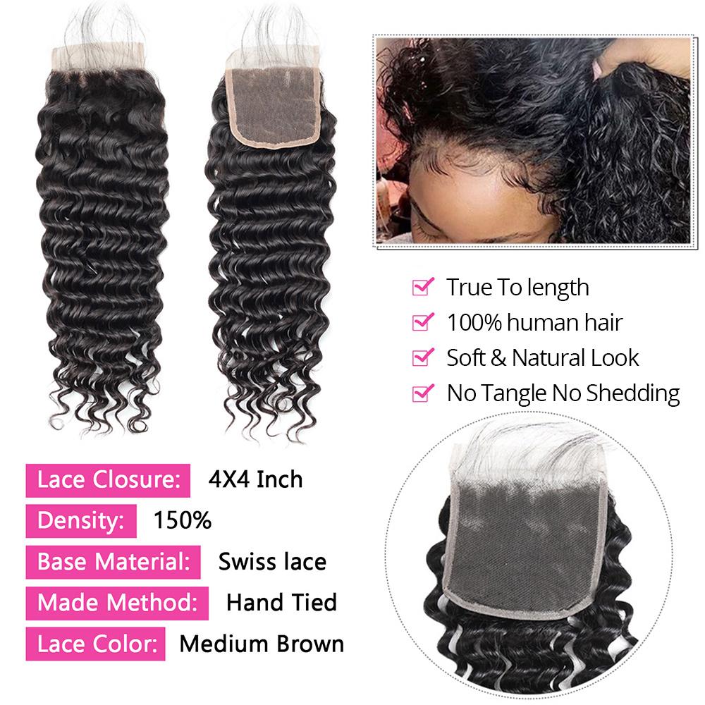Brazilian Deep Wave Bundles with Closure Human Hair Bundles with 4x4 Lace Closure Unprocessed Virgin Human Hair 3/4 Bundles with Closure