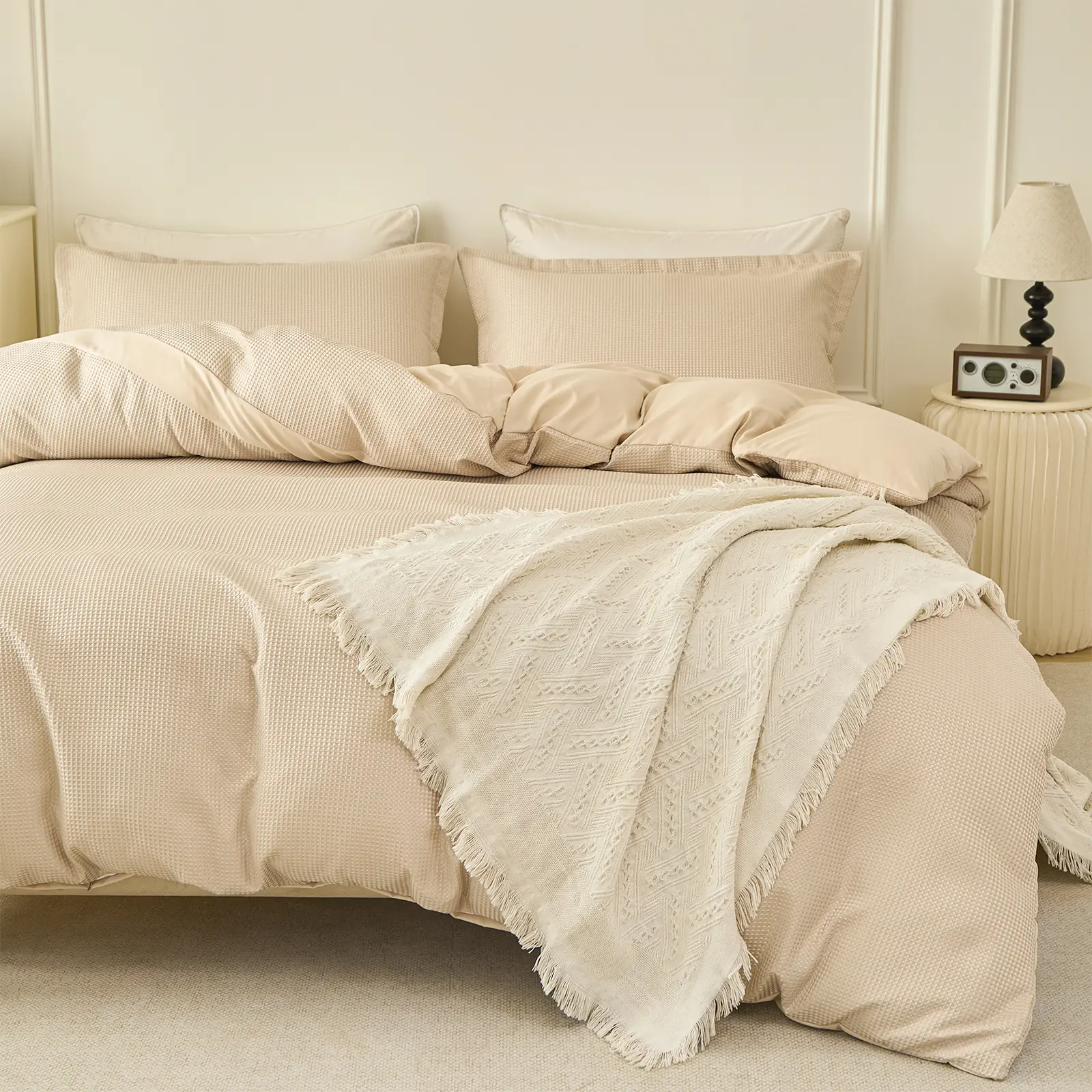 Waffle Weave Duvet Cover Set 3-Piece, Soft Breathable Lightweight Bedding, Minimalist Luxury Home Textile for Bedroom Decor, Queen/King Size with Pillowcases