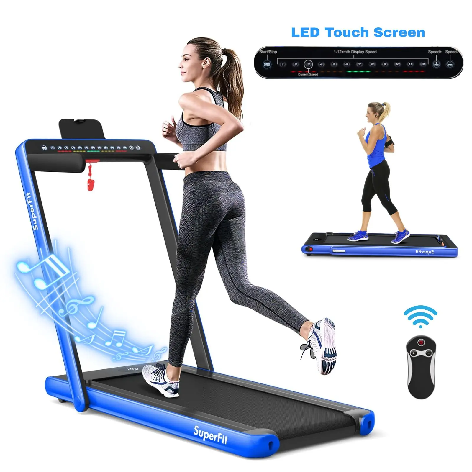 COSTWAY 2-in-1 Treadmill, 7.5MPH Under-Desk Electric Treadmill w/Dual Display, Bluetooth Speaker, APP & Remote Control, Speed Adjustable Portable Walking Pad Jogging Machine for Home