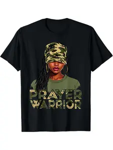 Prayer Warrior Camo Print Women'S T-Shirt - Short Sleeve, Crew Neck, Casual Christian Tee with Bold Lettering & Camouflage Design, Machine Washable, Black