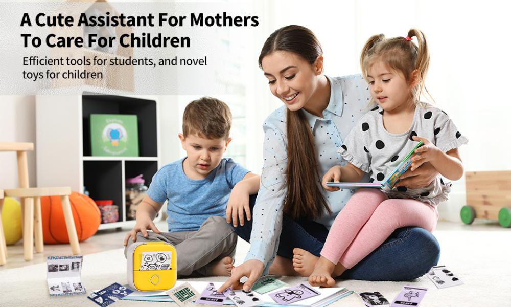 Bluetooth Thermal Mini Printer - Portable Mini Sticker Printer Machine - Wireless Pocket Mini Printer for iPhone,  Yellow Mini Thermal Printer with 5 Rolls Thermal Paper for Journal, Memo, Photo