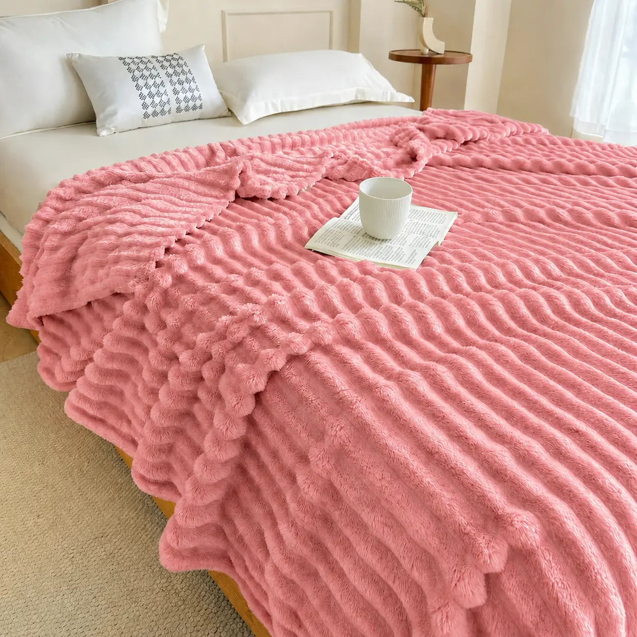 Raybee Fleece Throw Blanket, 300 GSM Super Soft Blanket, 3D Stripe Texture Fluffy Blanket, Lightweight Blanket for Couch, Sofa, Bed, Living Room, Office, Dorm,Home Decor, All Seasons, Decorative, Gift Idea