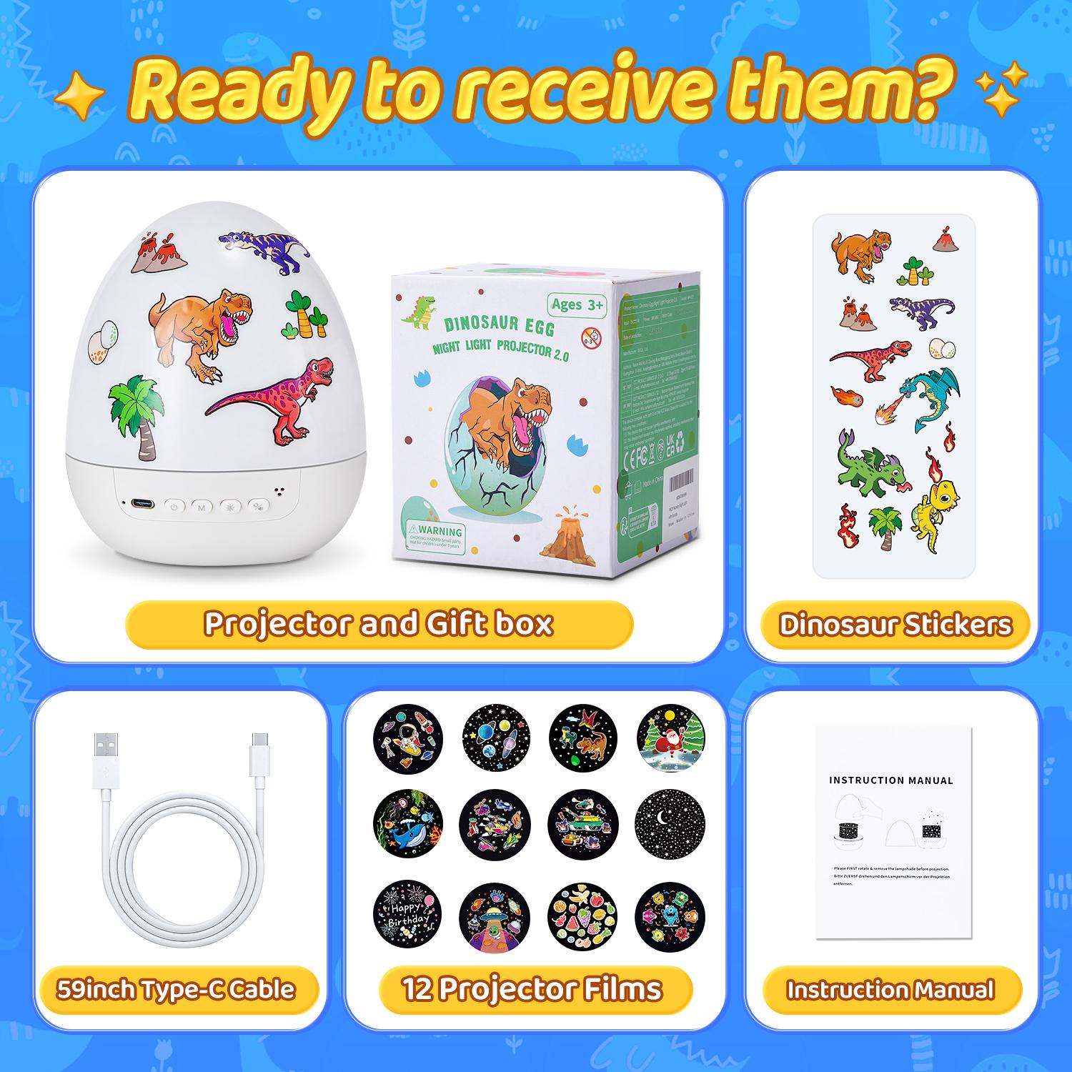 Onefire Night Light for Kids with 15 Films & 15 White Noises Remote kids cartoon projector lamp princess room decor unicorn night light toddler night light egg light for nursery Baby sound machine dinosaur toys Christmas Gifts for Kids Ages 1-8