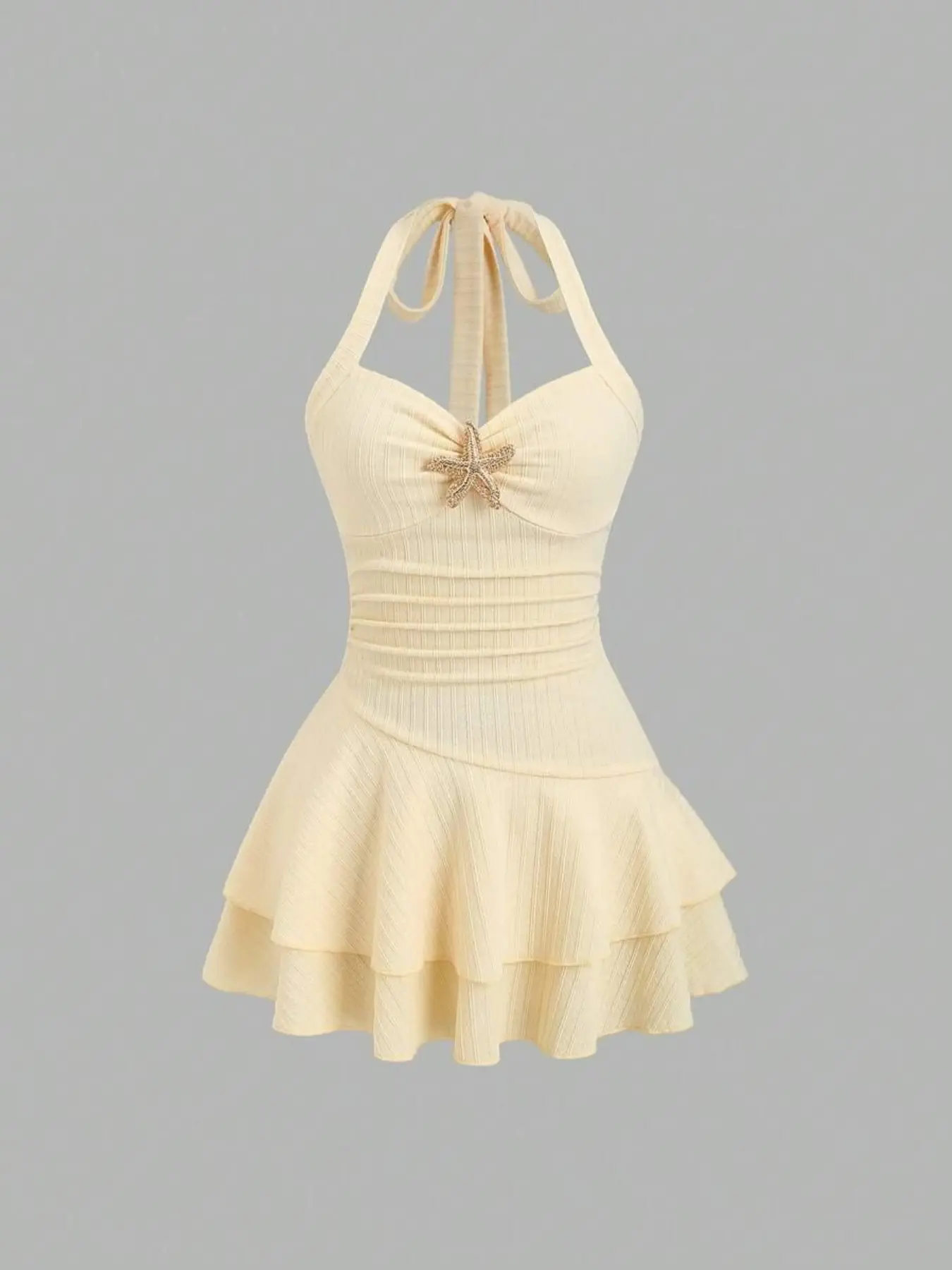 Women's New Summer Halter Neck Sleeveless Metal Decor Layered Ruffles Cute Mini Dress for Beach Vacation