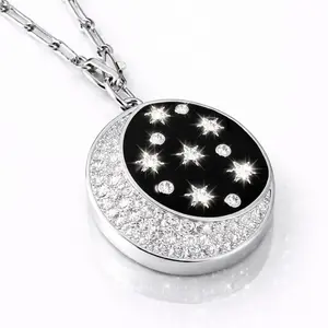 Midnight Star Keepsake Necklace Celestial Moon & Stars Pendant Engraved Galaxy Medallion Waterproof Hypoallergenic Cosmic Night Sky Crystal Pendant Silver Celestial Disc Moonlight Sparkle Statement Necklace