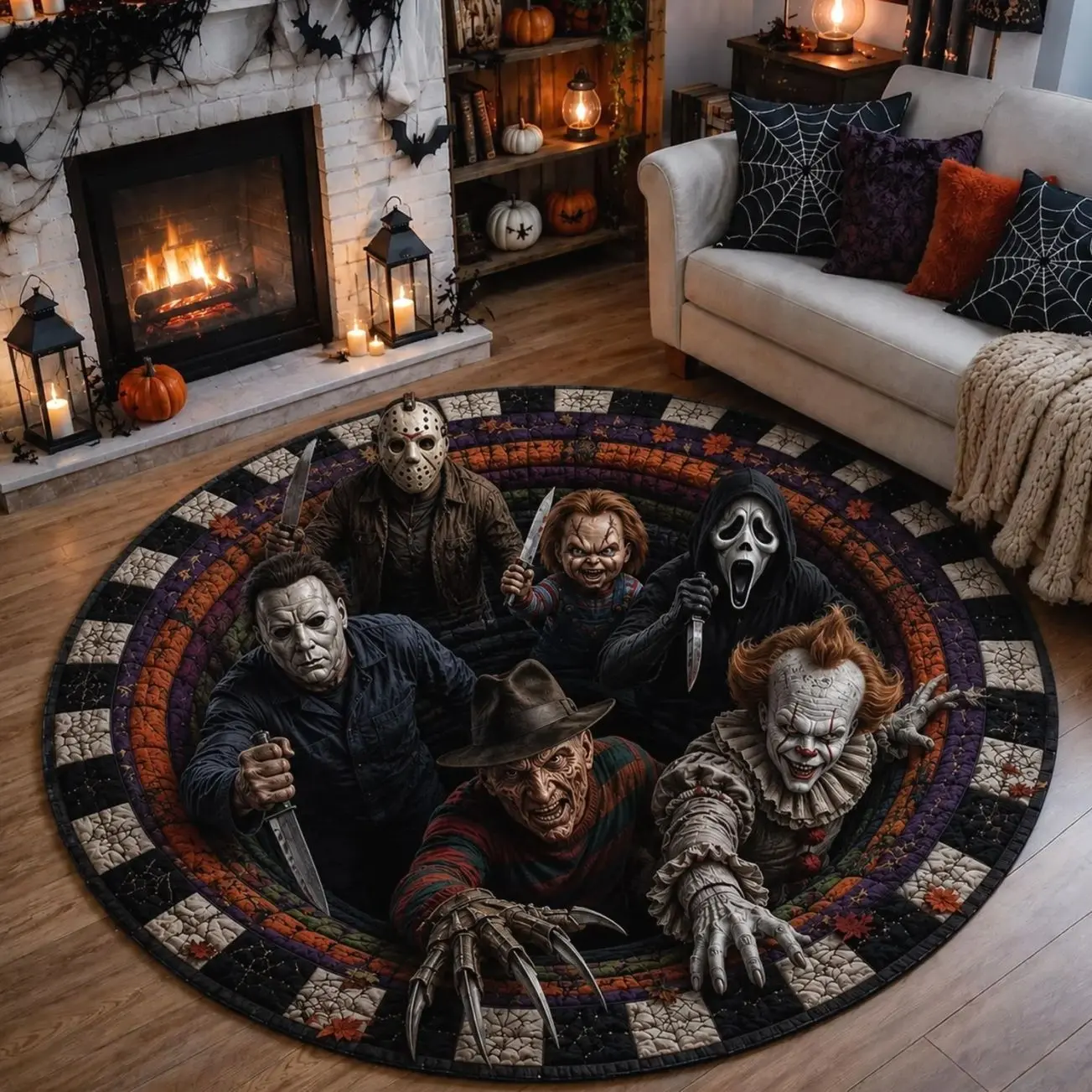 3D Horror Halloween Rug, Killer Character Area Rug, Scary Movie Inspired Round Floor Mat, Spooky Haunted House Decor
