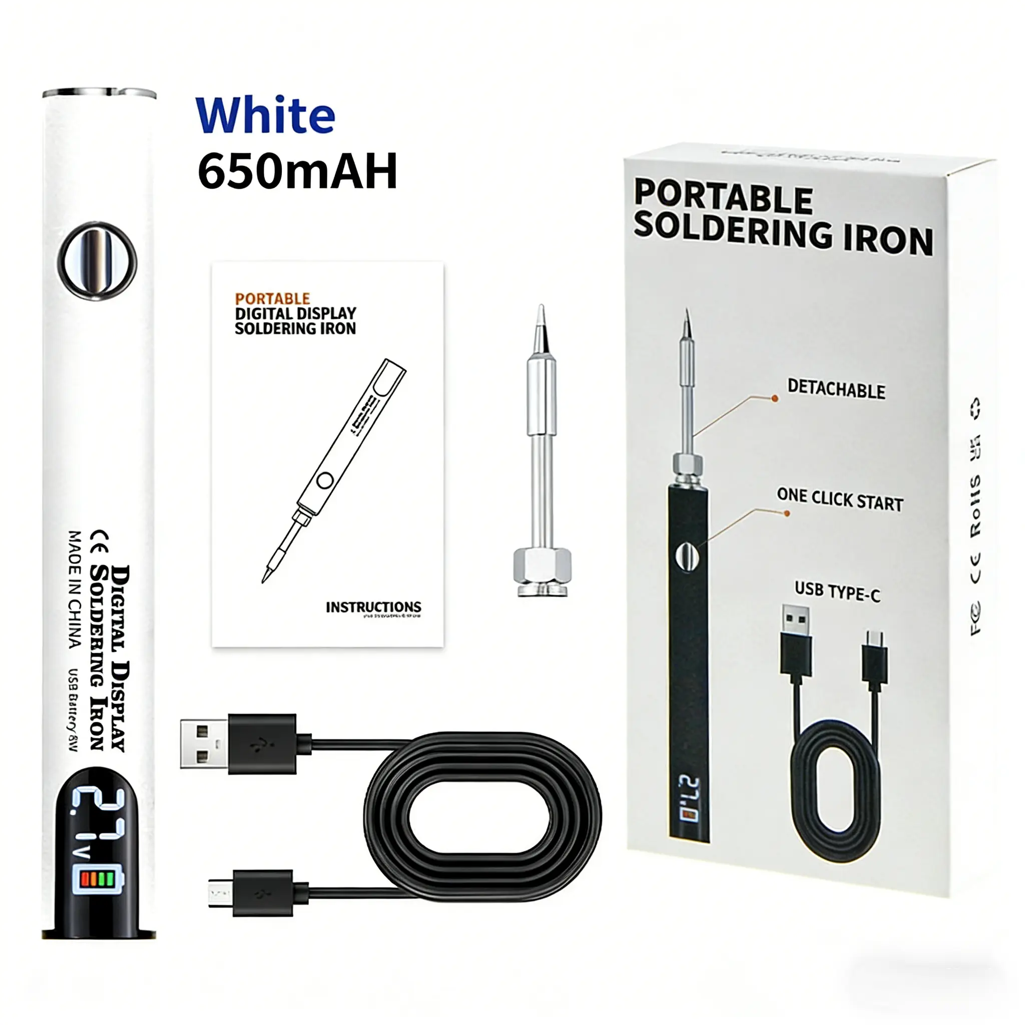 Cordless 510 Portable USB Rechargeable Soldering Iron Tool - 650mAh Digital Display Welding Pen, 5V, 5-Click Safety Lock, Adjustable Temp-Voltage Control, Rapid Preheat for Electronics Repair & DIY Components, Crisp Digital Display