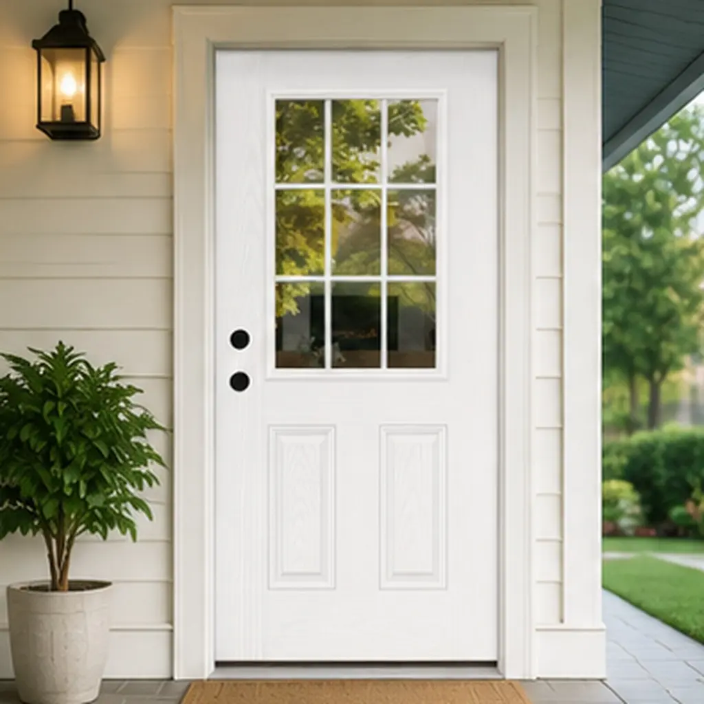 32x80 Fiberglass Entry Door with 9 Lite Low-E Glass, 4-9/16 in. Vinyl Frame, White Wood Grain Surface, Right Hand Inswing, Primed Front Door for Home Entrance, Garden & Outdoor Use, Polyurethane Foam Core, White Color Options