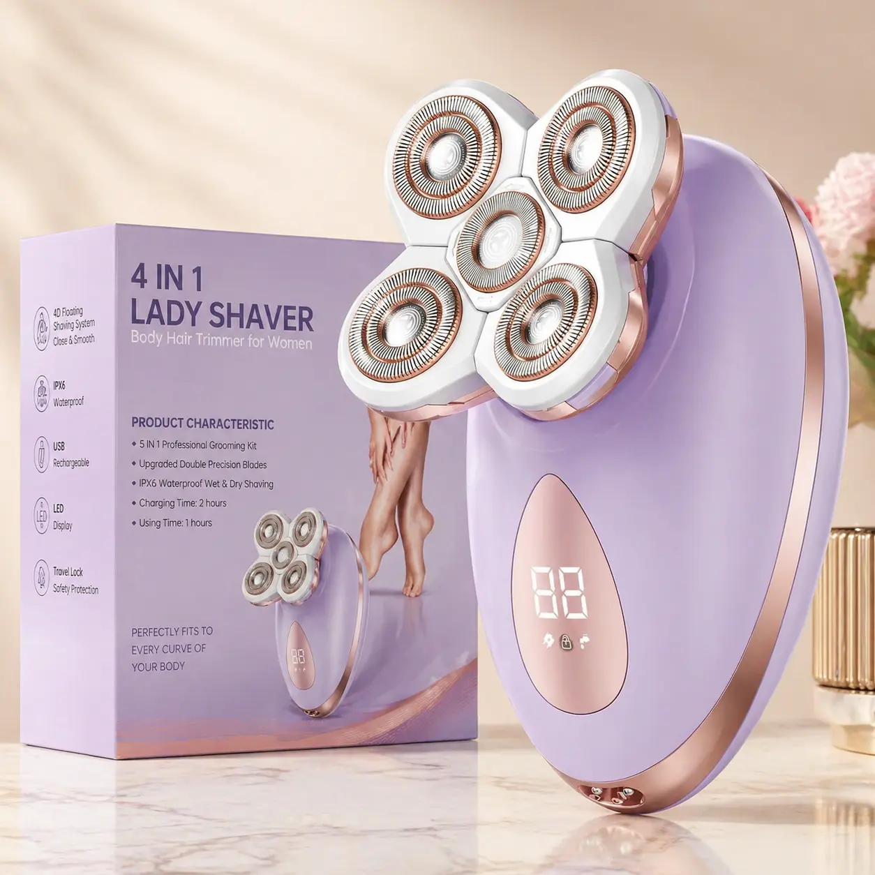 5-in-1 Body Hair Trimmer for Women, IPX7 Waterproof Wet & Dry Electric Lady Shaver, 5D Flexible Head Bikini Trimmer with Face Massager & Nose Hair Trimmer, Painless for Armpit Legs Arms, Travel Lock