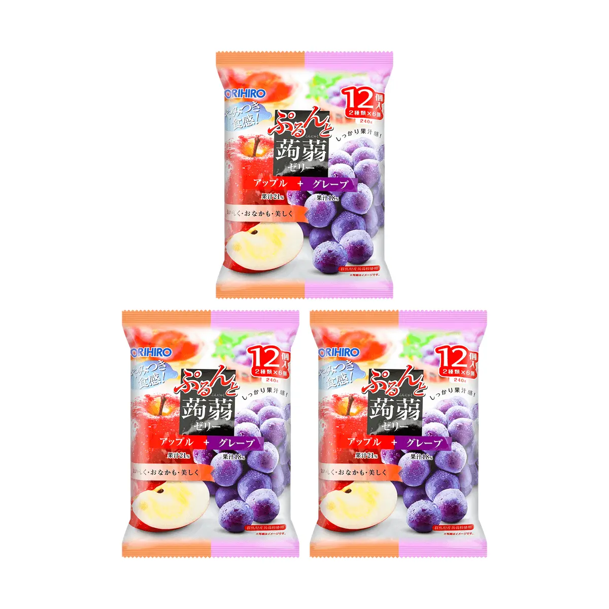 3 Pack ORIHIRO Konjac Jelly Drink Apple & Grape Flavor - Japanese Fruit Jelly Snack, Low Calorie High Fiber, 12 Pouches 8.47 oz Each