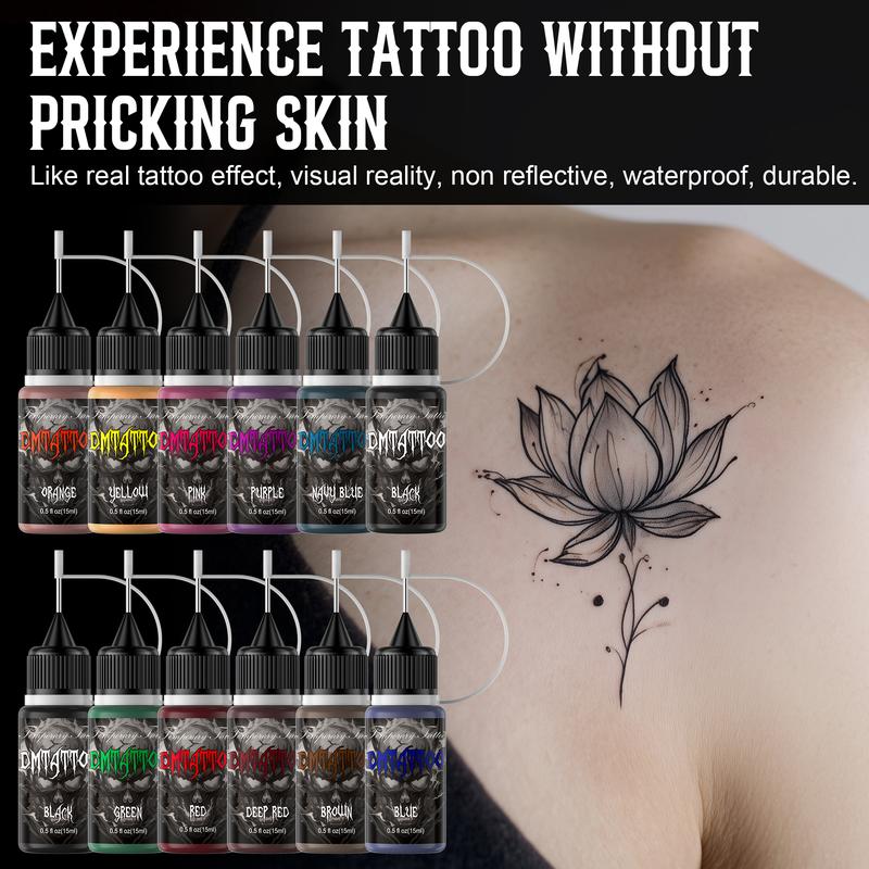 DM Temporary Tattoo Kit 12 Bottles Color Temporary Tattoo Ink, 176 Pcs Stencils Kit for Body Paint DIY Fake Tattoos for Kids Boys
