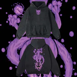 AnimeClothing Limited Purple Mewtwo - PKM#1 anime Hoodie Tshirt Acid Washed Heavyweight Cotton Tshirt, 100% Cotton retro Washed anime t-shirt, vintage streetwear tee, Y2K graphic top